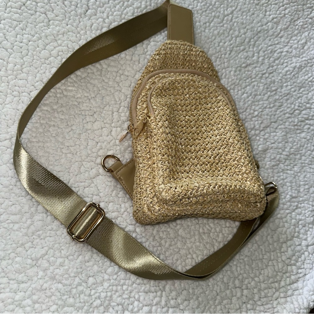 Urban Expressions straw woven crossbody sling bag adjustable strap zippers gold - Picture 10 of 15